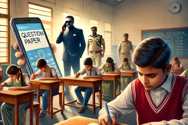 A conceptual digital illustration of a school exam paper leak incident, depicting a classroom with students, a leaked question paper on a mobile screen, and police officers investigating the case.