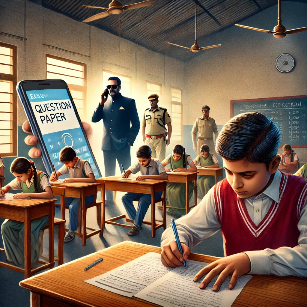 A conceptual digital illustration of a school exam paper leak incident, depicting a classroom with students, a leaked question paper on a mobile screen, and police officers investigating the case.